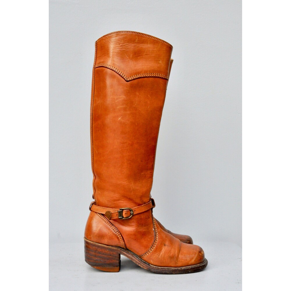 Vintage 70s Leather Tall Distressed Boots - Campus Stacked Heel US 5 - 5.5 - Picture 8 of 10